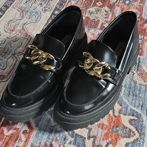 Steve Madden Black Loafers with Gold Chain Detail